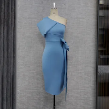 Nou rochia mamei, fără mâneci gri-albastru material, lungime genunchi, un umăr, cina mireasa și mama rochie MA40