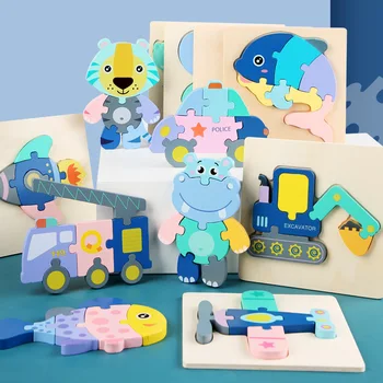 Copii Animale Montessori Puzzle 3D de Trafic ocean Cuvântul Copil Puzzle din Lemn Jucarii Spune Povestea Educative Puzzle-uri din Lemn Pentru Copii Cadouri