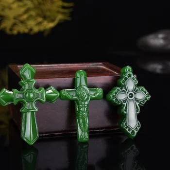 Naturale Jad Verde Cruce Isus Pandantiv Colier Chinez Sculptat de Mână de Moda Farmec Bijuterii Amuleta pentru Barbati Femei Norocos Cadouri