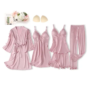 Set de pijama Sexy Femei 5PCS Sleepwear Costum de Mătase Moale Raionul îmbrăcăminte de noapte camasa de noapte Roz Gol Afară de Haină de Nuntă Vrac Haine de Acasă