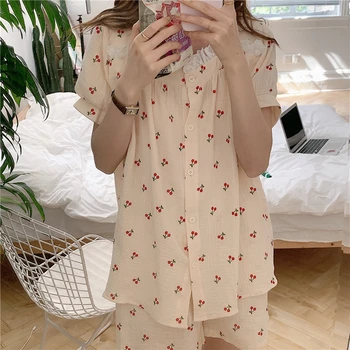 Cherry Imprimare Vara Set De Pijama Femei Pătrat Guler Singur Pieptul Shirrts + Pantaloni Scurți Set De Două Piese De Origine Costum Kawaii Homewear