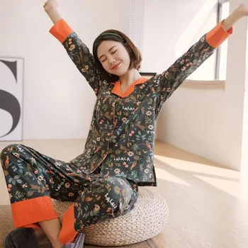 Primăvara Nou cu mâneci Lungi Pijamale Femei Floare de Bumbac Imprimare Pijama Set Casual Cardigan Pijama Mujer de Moda Haine de Acasă