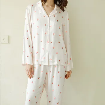 Piersic Imprimare Vrac Casă în Stil Pijama pentru Femei Primavara Toamna Pijama Set pentru Doamna Cardigan cu Maneci Lungi Pantaloni Lungi Rever Costum