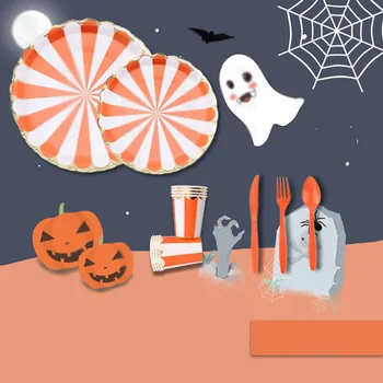 Halloween Portocaliu Cu Dungi Petrecerea De Ziua Decor Consumabile De Unică Folosință, Tacâmuri Cana Farfurie De Hârtie Balon Copil De Dus Copilul Baiat Cadou