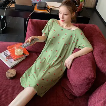 Cămăși de noapte pentru Femei Criss-cross Sleepwear Moale Modale Subțire U-gât de Imprimare Elegant pentru petrecerea timpului Liber coreean Femei Haine de Acasă 2XL