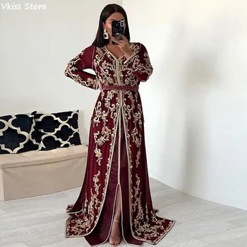2020 Nou Rochie de Seara Arabric Stil de Aur Aplicatiile Lung Mâneci O-linie Etaj Lungime Pentru Musulmani Rochie de Bal вечернее платье
