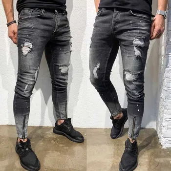 Noi Oamenii Străpuns Jeans Fermoar Picior Blugi Barbati de Moda Patru Sezoane Casual Pantaloni din Denim Tendință de Lungime Completă Blugi pentru Barbati