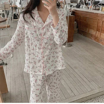 Coreeană Print Floral Spring Set De Pijama Femei, Tricouri, Topuri + Pantaloni Lungi Set Drăguț Kawaii Acasă Costum De Bumbac Largi Haine De Acasă