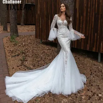 Challoner Vestido De Noiva De Lux Flare Mâneci Rochii De Mireasa 2022 Sexy Sirena Cu Aplicatii De Dantela Rochii De Mireasa Personalizate