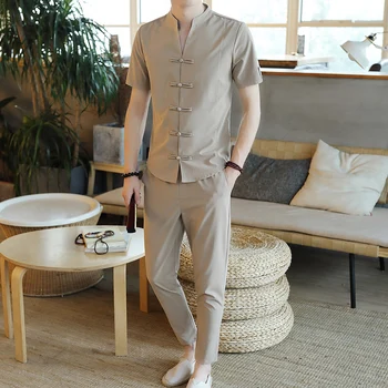 2022 New Tang Costum pentru Bărbați Stil Chinezesc Lenjerie de pat Cardigan Două Piese Tricou Pantaloni Casual, Costume de sex Masculin Seturi Marimea M-5XL 966
