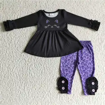 Noua Moda de tip Boutique, PRIMA Haine de Fata Negru cu Maneci Lungi de Sus Și Violet Leopard Pantaloni Set pentru Copii Fete Casual, Haine de Iarna