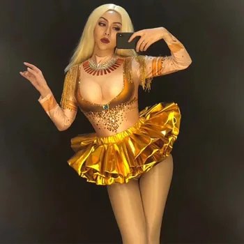 2022 Sexy Pietre de Aur Ciucure Bodysuit Scena de Dans Purta Tricou Costum DJ Cântăreață de sex Feminin de Performanță Întinde Tinuta DWY1358