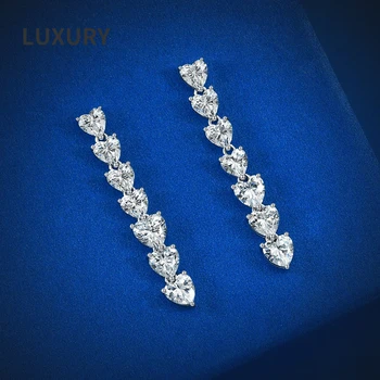 De lux 100% Argint 925 5.5*5.5 mm Ridicat de Carbon Diamant Inimă Plină Cercei Lungi Pentru Femei Spumant Nunta Bijuterii Fine