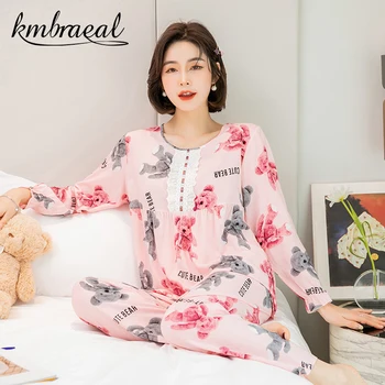 Pijamale pentru Femei Primavara/Toamna Pijamale cu Mâneci Lungi Pantaloni de Pijama Set de Bumbac Viscoză Homewear Body Plus Dimensiune M L XL XXL