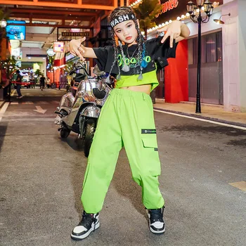 Fete Hip Hop Haine Negre Crop Top Street Dance tricou Verde, Pantaloni Haine Seturi de Copii Streetwear Copil Jazz Costume