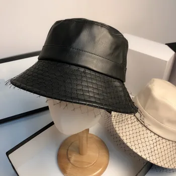 202009-jinxi moda faux din piele plasă de doamna găleată cu capac femei pescari pălărie