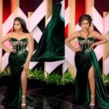 Sexy Arabă Verde Smarald Catifea Sirena Rochii De Seara Plus Size Aur Aplici Dantelă Mâneci Lungi Înaltă Split Formale Rochie De Bal