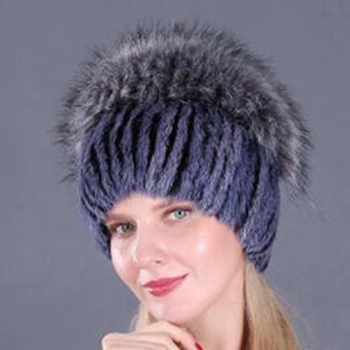 Fierbinte de Vânzare de Moda Nurca, Vulpe Pălărie Cald Iarna Femei Tricotat Capace de Pălării Nurca Vertical de Țesut Cu Blană de VULPE Pe partea De Sus