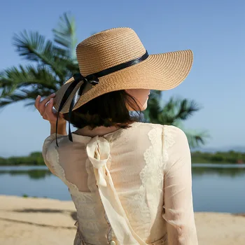Pălării De Vară Pentru Femei Chapeau Femme Palarie De Soare Pe Plaja Panama Pălărie De Paie Mare Margine Largă Arc Panglică Neagră Vizorul Os Capac De Sex Feminin