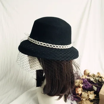 202008-panshi-nearwen plasă de cină formală lână Hepburn stil lady găleată cu capac femei pescari pălărie