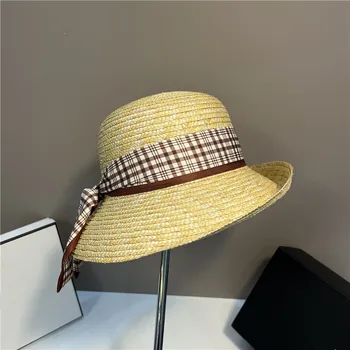 202207-2509023 dropshipping de vară Elegant Laminate refuz de protecție Solară de vacanță carouri panglică paie doamna soare capac femei de agrement plaja hat