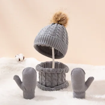 3Pcs Copii Pălării Beanie Cald Tricotate Pălărie Eșarfă Mănuși Set Tricot de Toamna Iarna pentru Copii Baieti Fete Drăguț PomPom Copil Căciuli Capac 0123y