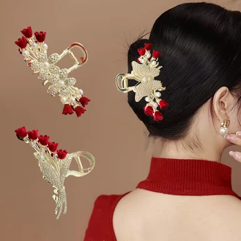 Stil Chinezesc Aliaj De Gheare De Păr Roșu S-Au Înghesuit Orhidee Articole Pentru Acoperirea Capului Grace Vechi Clip De Păr Femei Fluture Floare Ac De Păr Cadouri, Articole Pentru Acoperirea Capului