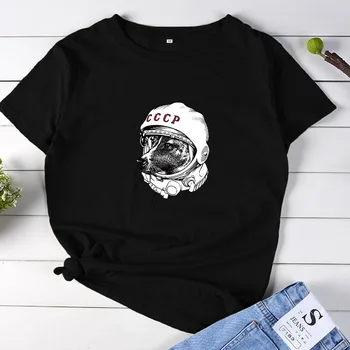 JCGO de Vara din Bumbac pentru Femei T Shirt Versatil 4XL 5XL Amuzant Astronaut Câine O-Gat Maneci Scurte Femeie Tricouri Casual Doamnelor Tee Topuri