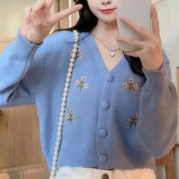 Trendy Stil Coreean Confortabil Cardigan Pulover Toamna-Iarna Femei Broderie Model Floral Trunchiate Cardigan Pulover