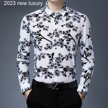 și 2022 Primavara Toamna Barbati Maneca Lunga Camasi Casual Moda de Imprimare Bluze de Afaceri de sex Masculin Sociale Haine Slim Fit Topuri W308