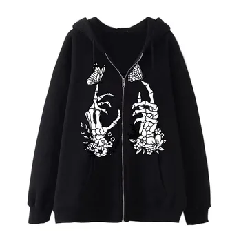 Femei Zip Hoodie de Moda Hot-vânzare Schelet de Imprimare Streetwear Maneca Lunga Bluze Gotice Punk Toamna Iarna Femei Jachete