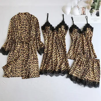 2021 Noi Leopard de Imprimare 4buc Costum, Cămașă de noapte pentru Femei Sling Ice Sexy cămașă de noapte pentru Femei Pijamale, Lenjerie de corp de Acasă Purta Lady Sleepwear