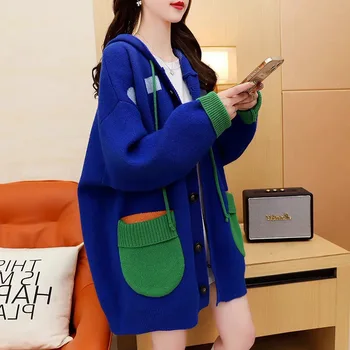 Femei Jacheta Mâneci Lungi Vrac Toamna Supradimensionat Tricotate Cardigan Pulover Haina Cu Glugă Desene Animate Moda Coreeană Mozaic De Sus