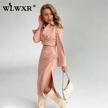 WLWXR Toamna Streetwear Roz Casual 2 Două Piese Seturi de Rochie pentru Femei Costume 2021 Topuri cu Maneci Lungi Si Partea de Fantă Fuste Lungi Seturi