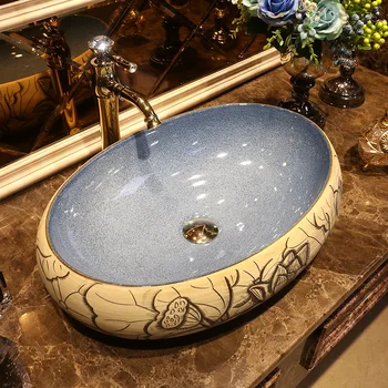 Forma ovala China Artistice Europa Stil Counter Top portelan chiuveta baie chiuvete de ceramică de artă navă chiuveta
