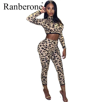 Ranberone 2 Bucata Set Leopard Print pentru Femei Trening cu Maneca Lunga Top + fără Sudură Jambiere de Fitness Sport pantaloni de Trening Sport Îmbrăcăminte