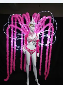 Carnaval show dans samba Outift sexy femei de culoare roz lumină LED-uri led-uri pentru femei costum de pene panou