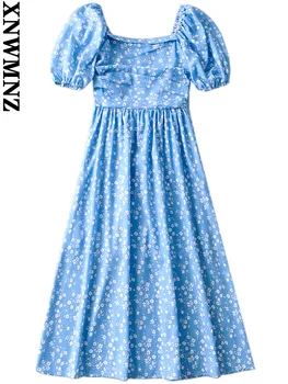XNWMNZ vestidos elegantes para mujer print floral midi rochie de vara de epocă piața collar manșon de puf de sex feminin rochii de mujer