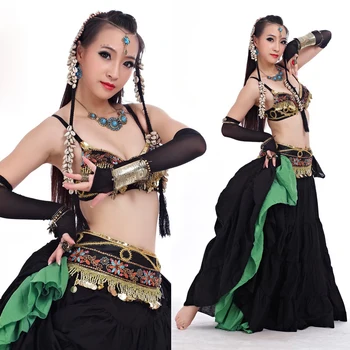 Lady femei Belly Dance Tribal Haine pentru Femei 4 Piese Costum Set Bronz Antic Margele Sutien Curea Fuste Gypsy Costume de Dans