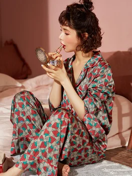 Femei Pijamale de Matase de Gheață Satin Somn Purta Maneca Lunga, Pijamale Trei Piese de Dormit Set de Capsuni Pijamale Pentru Fete Homewear