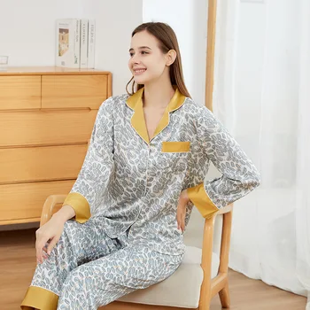 Primavara-Vara Pijamale, Costume 2 BUC Pentru Femei Sexy Imprimare Seturi de Pijamale Cardigan Casual Pijamale Manșon Complet Sleepwear Lounge Purta