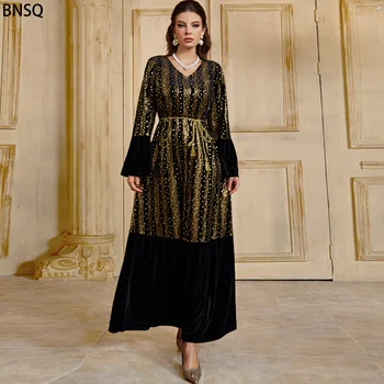 Modă nouă mare Arabe femei V-neck imprimare, broderie casual aur catifea ton centura corn maneca lunga rochie vrac