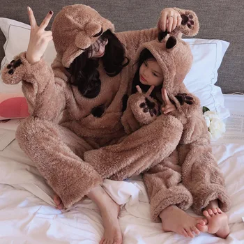 Noi Îngroșa Set Pijama Femei Pluș Copil Pijamale Drăguț Urs Cu Mănuși, îmbrăcăminte de noapte Cald Fleece Coral Părinte-copil Tinuta
