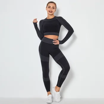 Femei Sport Yoga Set 2 buc fără Sudură de Sport Costume de Funcționare Seturi Culoare Solidă Maneca Lunga Top de Mare Talie Jambiere de Fitness