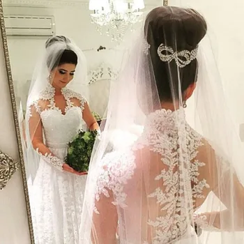 Vestido De Noiva Plus Dimensiune 2020 Musulman Mâneci Lungi Rochii de Mireasa O-linie V-gât Lace Margele Dubai arabă Nunta Rochie de Mireasa