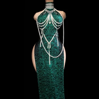 Vintage Cheongsam de Imprimare 3D Verde cu Margele fără Mâneci Split Rochie Lunga Sexy Club de noapte Cântăreț pe Scenă Costum de Scenă Purta