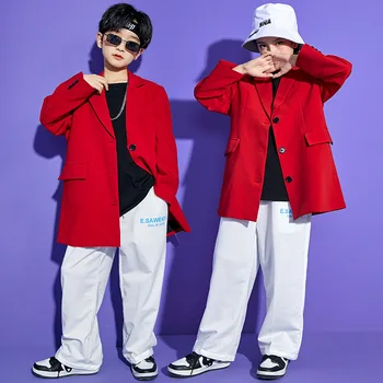 Copil Kpop Hip Hop Îmbrăcăminte Roșu Supradimensionate Blazer Jacheta Top Alb Streetwear Pantaloni Largi pentru Fată Băiat de Jazz Dans Costum de Haine