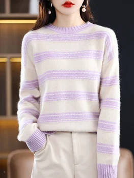 LHZSYY 100% Merino Lână Pulover pentru Femei de Îmbrăcăminte O-Gât Pulover Toamna și Iarna Moda Tricot cu Dungi Tricou Bottom Top