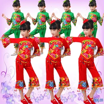 China A Efectua Tambur Costume Verde Culoare Roșie Copii Fan Yangko Clasice, Costume De Dans De Performanță Etapă De Îmbrăcăminte