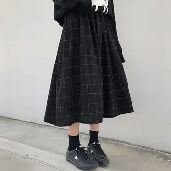 HOUZHOU Epocă Fusta Carouri Femei Toamna Iarna Japonez, Moda Casual, de Înaltă Talie O-linie Lung Liber Fusta pentru Fete Preppy Chic